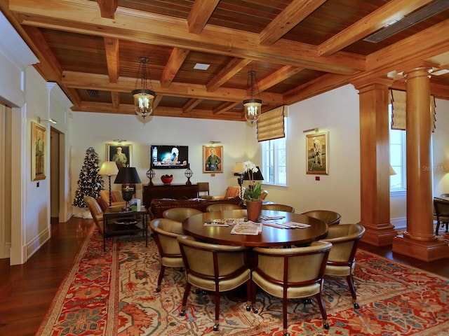 dining room with wood-type flooring, decorative columns, beam ceiling, and wood ceiling