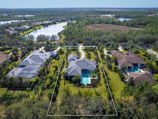 bird's eye view with a water view