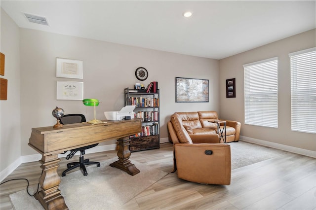 office area featuring light hardwood / wood-style flooring