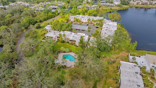 bird's eye view with a water view