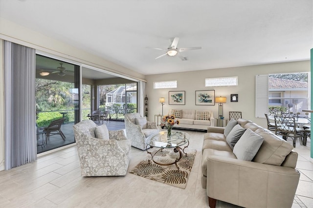 living room featuring ceiling fan