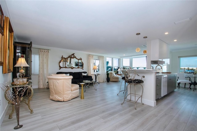 kitchen with light hardwood / wood-style floors, kitchen peninsula, crown molding, and a wealth of natural light