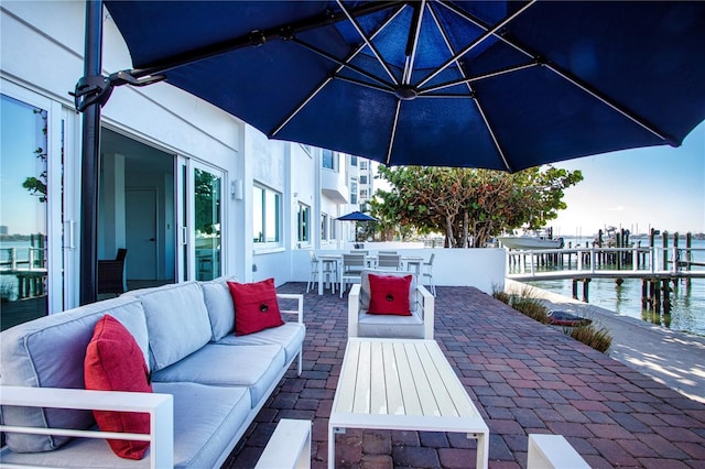 view of patio / terrace featuring a water view