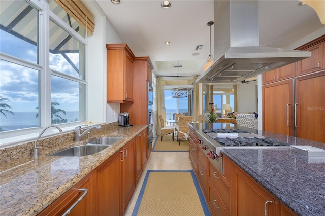 kitchen with decorative light fixtures, island range hood, plenty of natural light, and sink