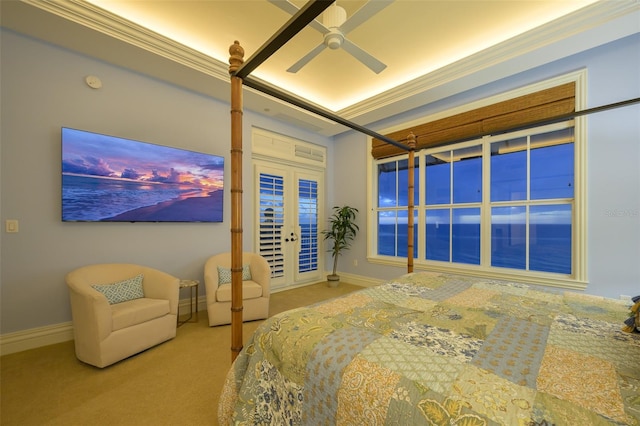 bedroom with carpet flooring, ceiling fan, ornamental molding, and access to outside