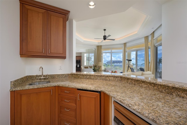 kitchen with light stone countertops, a tray ceiling, ceiling fan, and sink