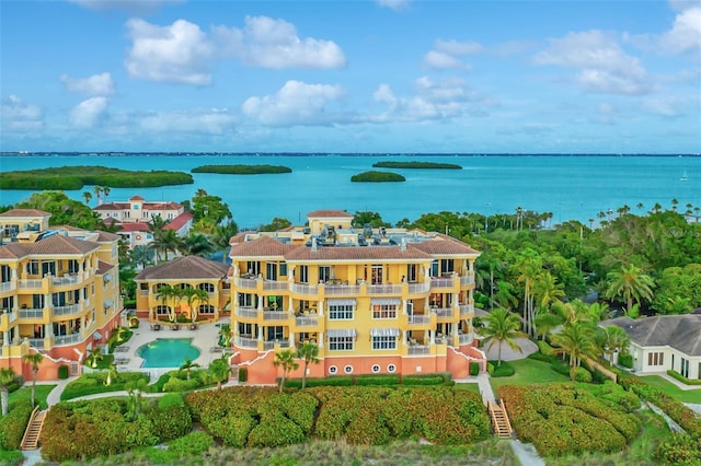 drone / aerial view featuring a water view