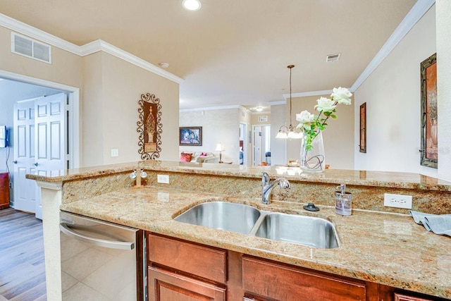 kitchen with dishwasher, wood-type flooring, ornamental molding, and sink