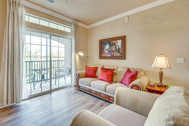 living room featuring ornamental molding and light hardwood / wood-style flooring