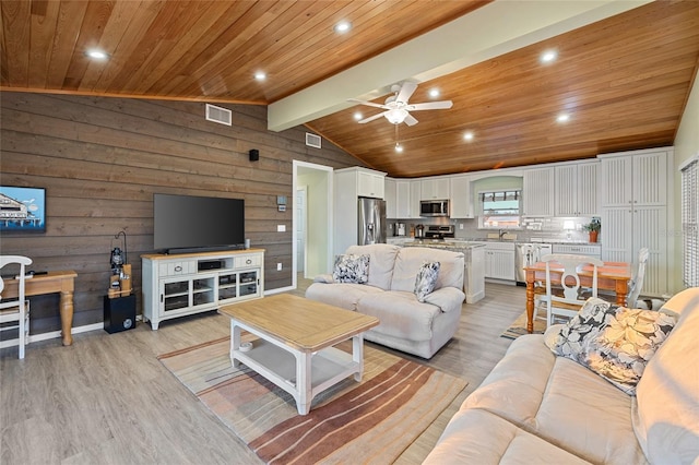 living room with ceiling fan, sink, lofted ceiling with beams, light hardwood / wood-style flooring, and wood walls