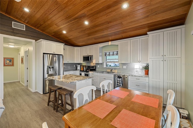 kitchen featuring light stone countertops, stainless steel appliances, a kitchen island, white cabinets, and wood ceiling