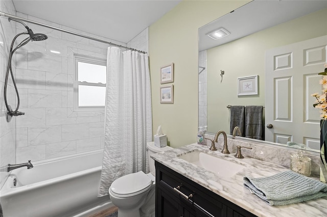 full bathroom with wood-type flooring, vanity, toilet, and shower / bath combo with shower curtain