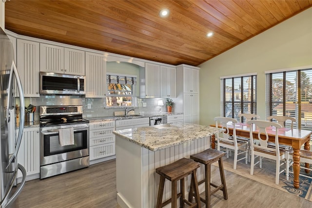 kitchen with white cabinets, stainless steel appliances, tasteful backsplash, and wood ceiling