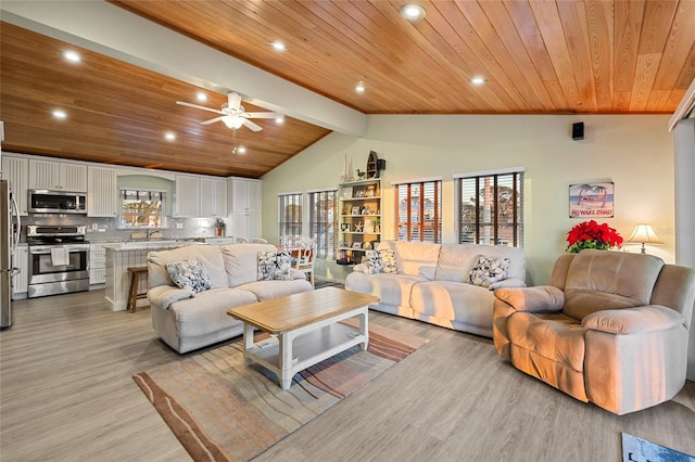 living room featuring wood ceiling, ceiling fan, sink, light hardwood / wood-style flooring, and vaulted ceiling with beams