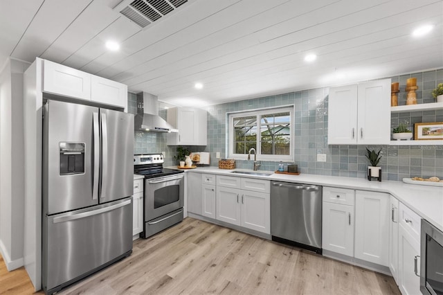 kitchen with white cabinetry, sink, wall chimney range hood, and appliances with stainless steel finishes