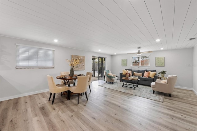 dining space with ceiling fan, light hardwood / wood-style flooring, and wood ceiling