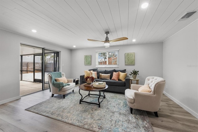 living room featuring hardwood / wood-style flooring, ceiling fan, and wood ceiling