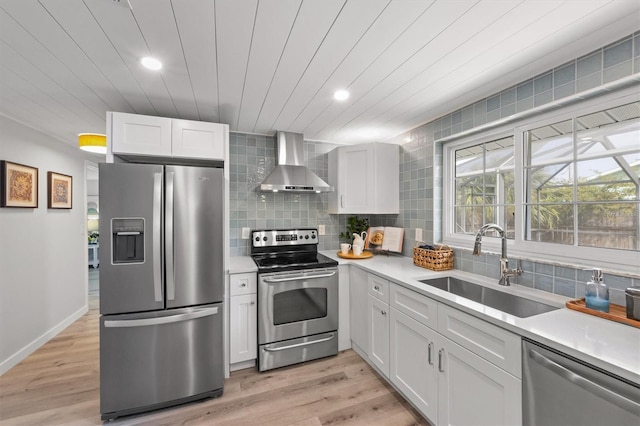 kitchen with appliances with stainless steel finishes, white cabinetry, and wall chimney exhaust hood