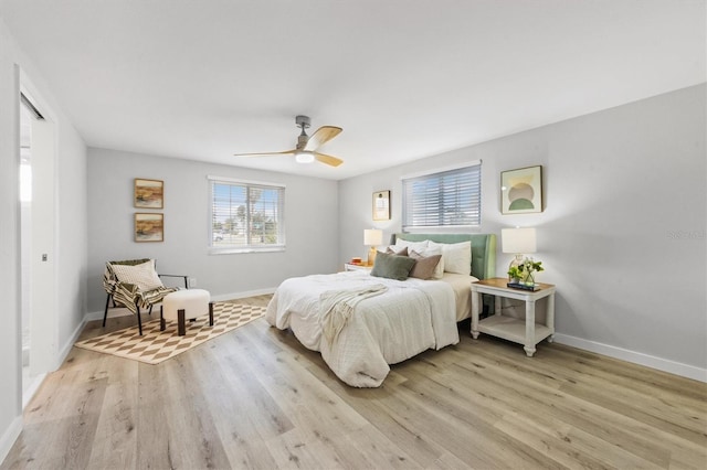 bedroom with ceiling fan and light wood-type flooring