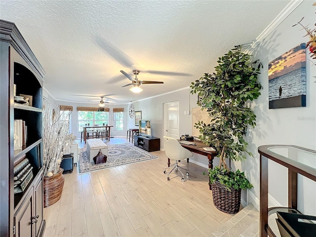 living room with ceiling fan, light wood-type flooring, ornamental molding, and a textured ceiling