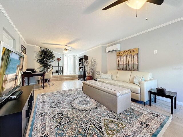 living room with light hardwood / wood-style floors, crown molding, and a wall unit AC