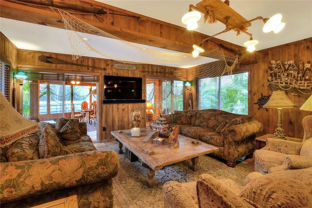 living room with wood walls and plenty of natural light