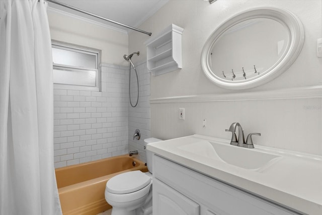 full bathroom with vanity, toilet, crown molding, and shower / tub combo with curtain