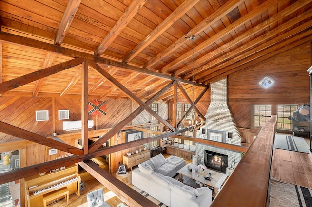 unfurnished living room featuring hardwood / wood-style flooring, vaulted ceiling with beams, wood ceiling, and wooden walls