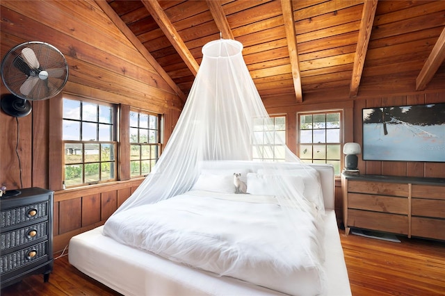 bedroom featuring wood ceiling, lofted ceiling with beams, wooden walls, and dark wood-type flooring