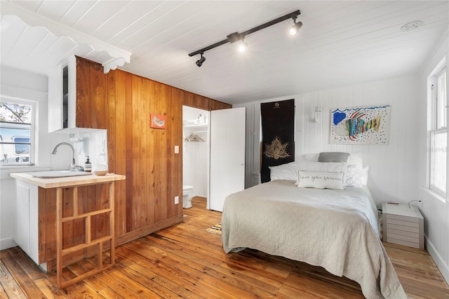 bedroom with multiple windows, rail lighting, and light wood-type flooring