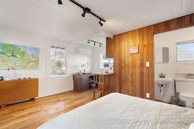 bedroom with multiple windows, hardwood / wood-style floors, and track lighting