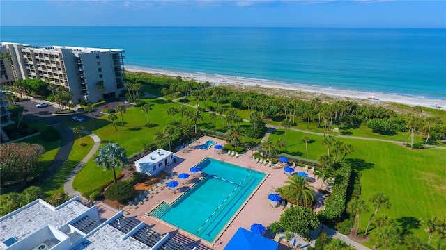 aerial view featuring a water view and a view of the beach