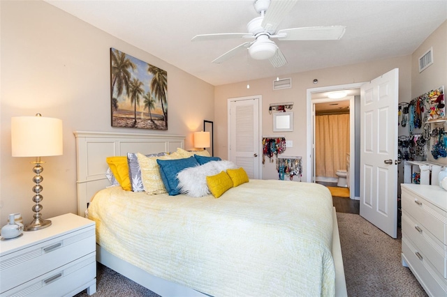 bedroom featuring carpet flooring, a closet, and ceiling fan