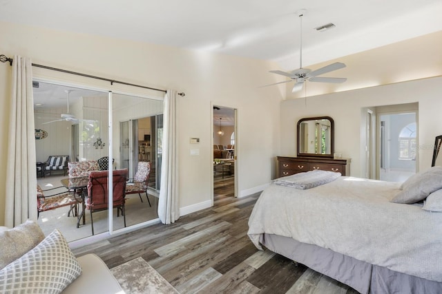 bedroom with ceiling fan, dark hardwood / wood-style flooring, and vaulted ceiling