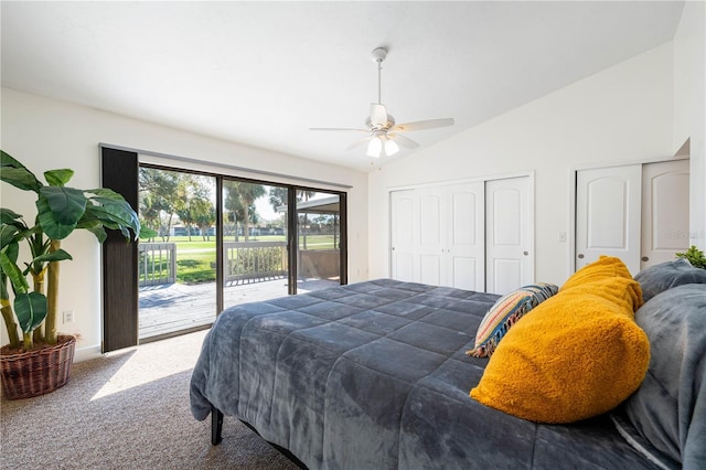 carpeted bedroom with access to exterior, ceiling fan, and lofted ceiling