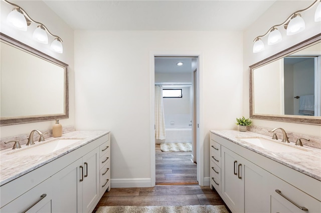 bathroom with hardwood / wood-style floors and vanity