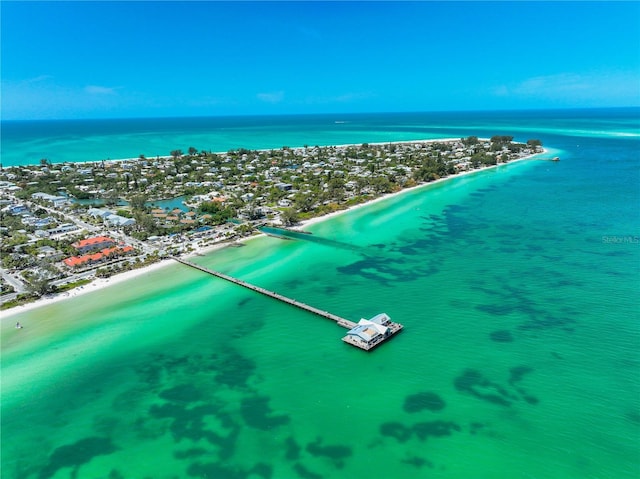 aerial view with a water view and a view of the beach