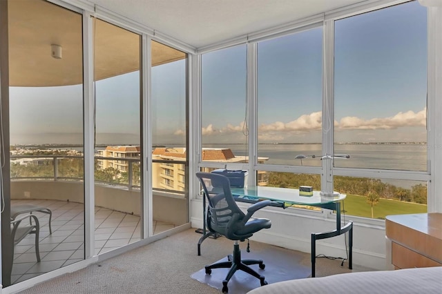 sunroom / solarium featuring a water view