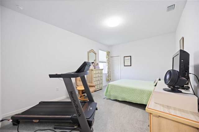 bedroom with light carpet