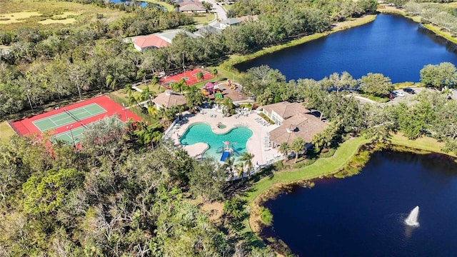 birds eye view of property featuring a water view