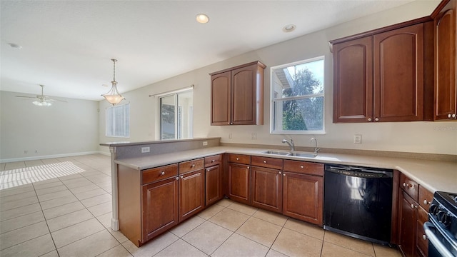 kitchen with ceiling fan, sink, black appliances, pendant lighting, and light tile patterned floors