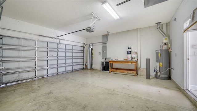 garage with electric panel, water heater, and a garage door opener