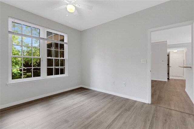 unfurnished room featuring a wealth of natural light, ceiling fan, and light hardwood / wood-style flooring