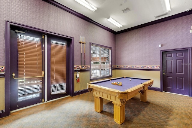 rec room with crown molding, pool table, and carpet flooring