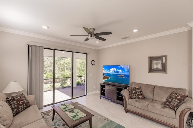 living room featuring light tile patterned floors, ceiling fan, and ornamental molding