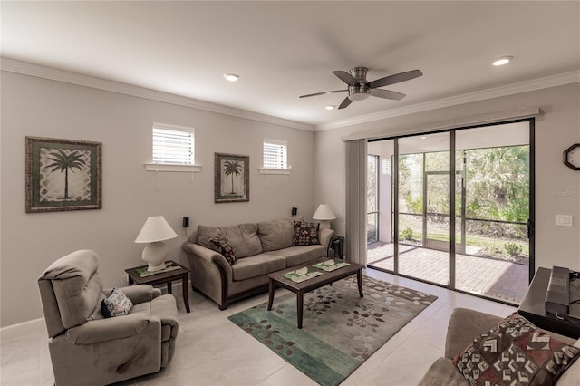 tiled living room with ceiling fan and ornamental molding