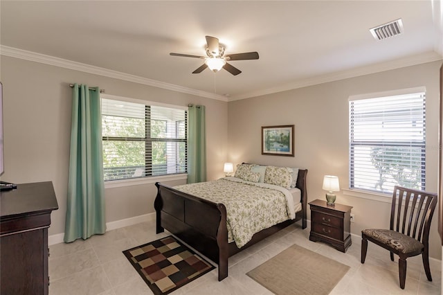 tiled bedroom with ceiling fan and ornamental molding