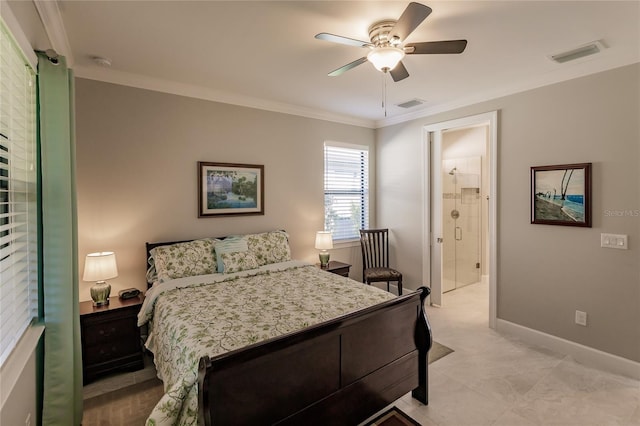 bedroom featuring ceiling fan, crown molding, and connected bathroom