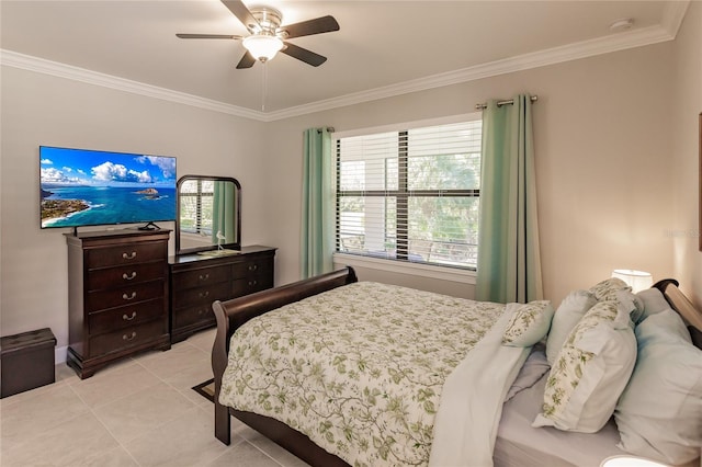 bedroom with ceiling fan, light tile patterned flooring, and ornamental molding