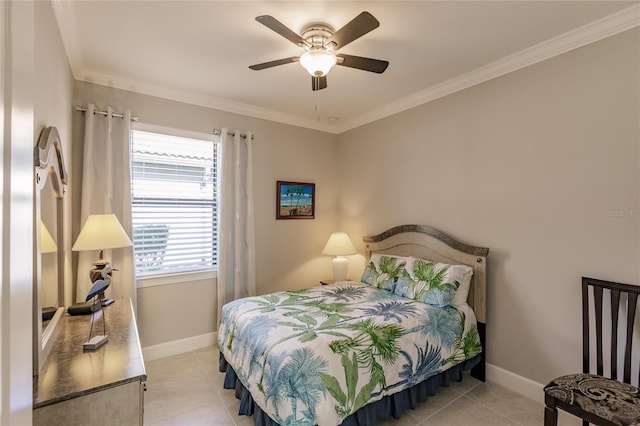 bedroom with multiple windows, ceiling fan, and light tile patterned floors